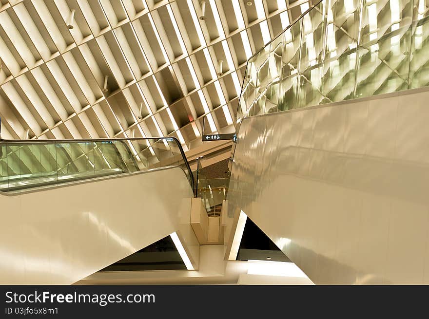 A perspective view of split escalators