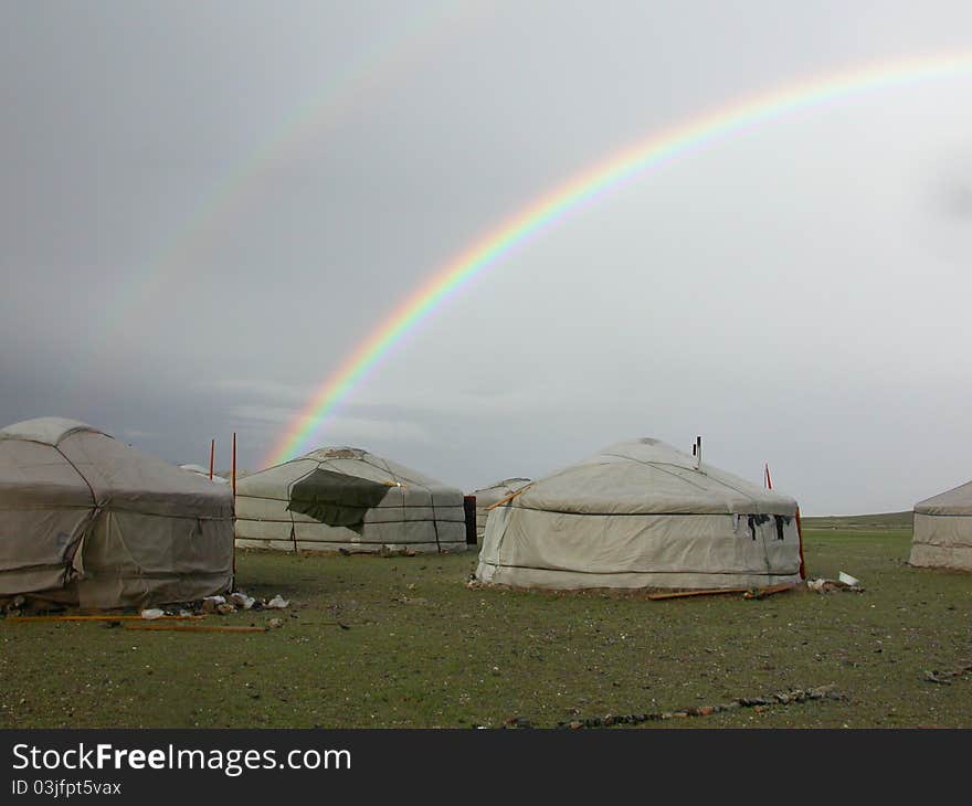 Mongolian Gers With Rainbow