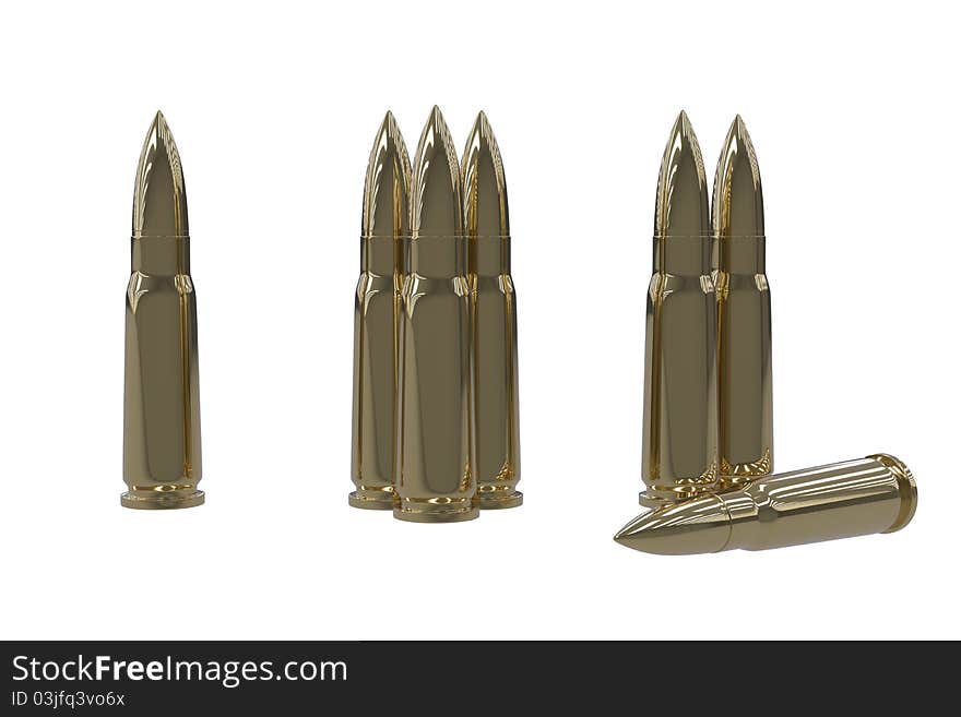 3D rendering of some brass colored bullets - isolated on a white background. 3D rendering of some brass colored bullets - isolated on a white background