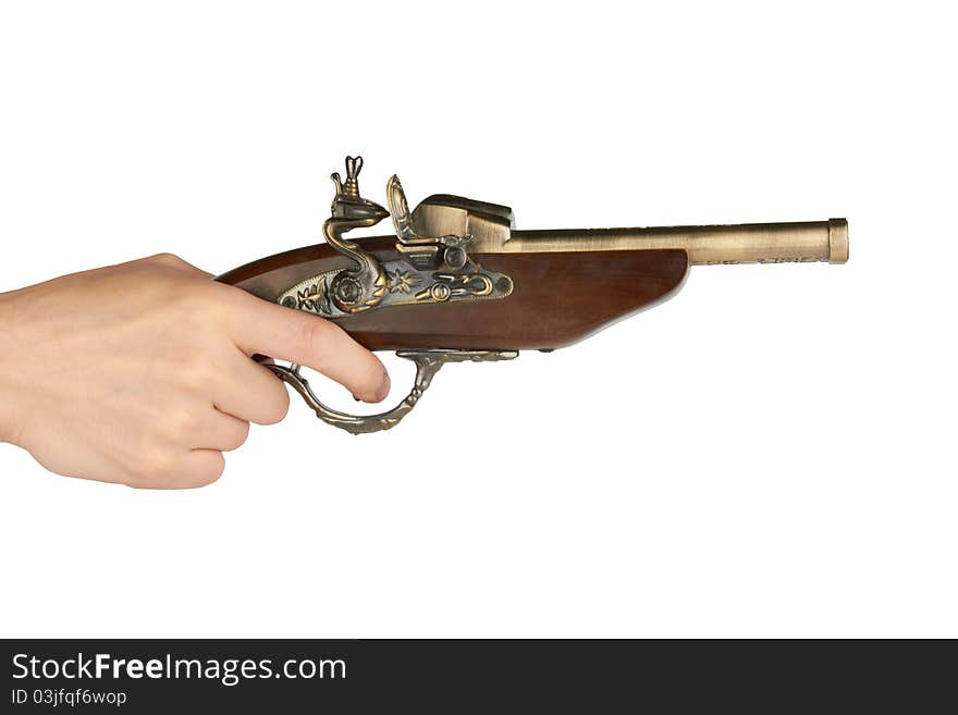 Old flintlock pistol isolated on white background