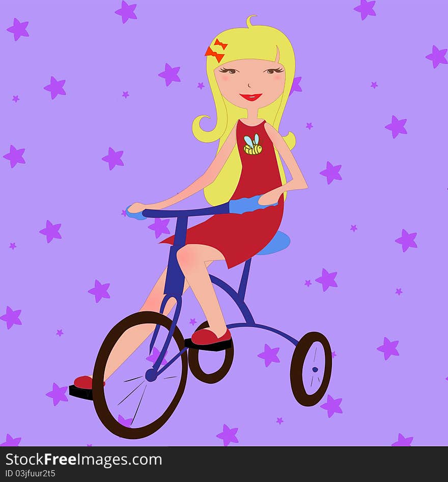 Vector Illustration of funky little girl riding a bicycle