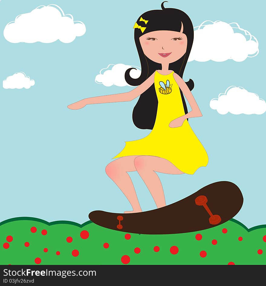 Vector Illustration of funky Young girl riding skateboard