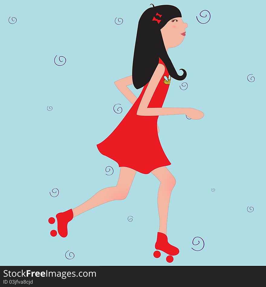 Vector Illustration of funky Young girl riding roller skates