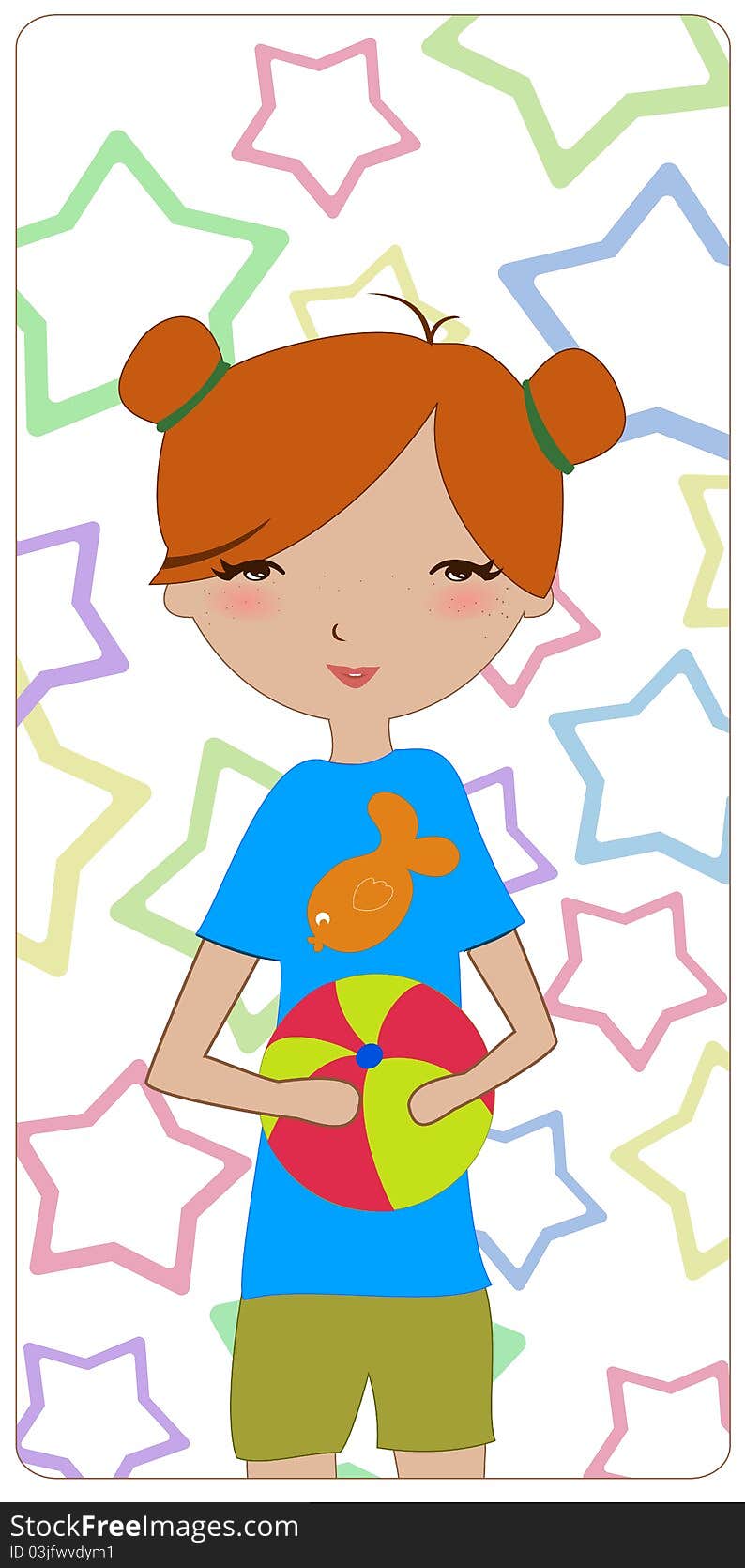 Vector Illustration of the little girl playing with the ball on the funky star background. Vector Illustration of the little girl playing with the ball on the funky star background