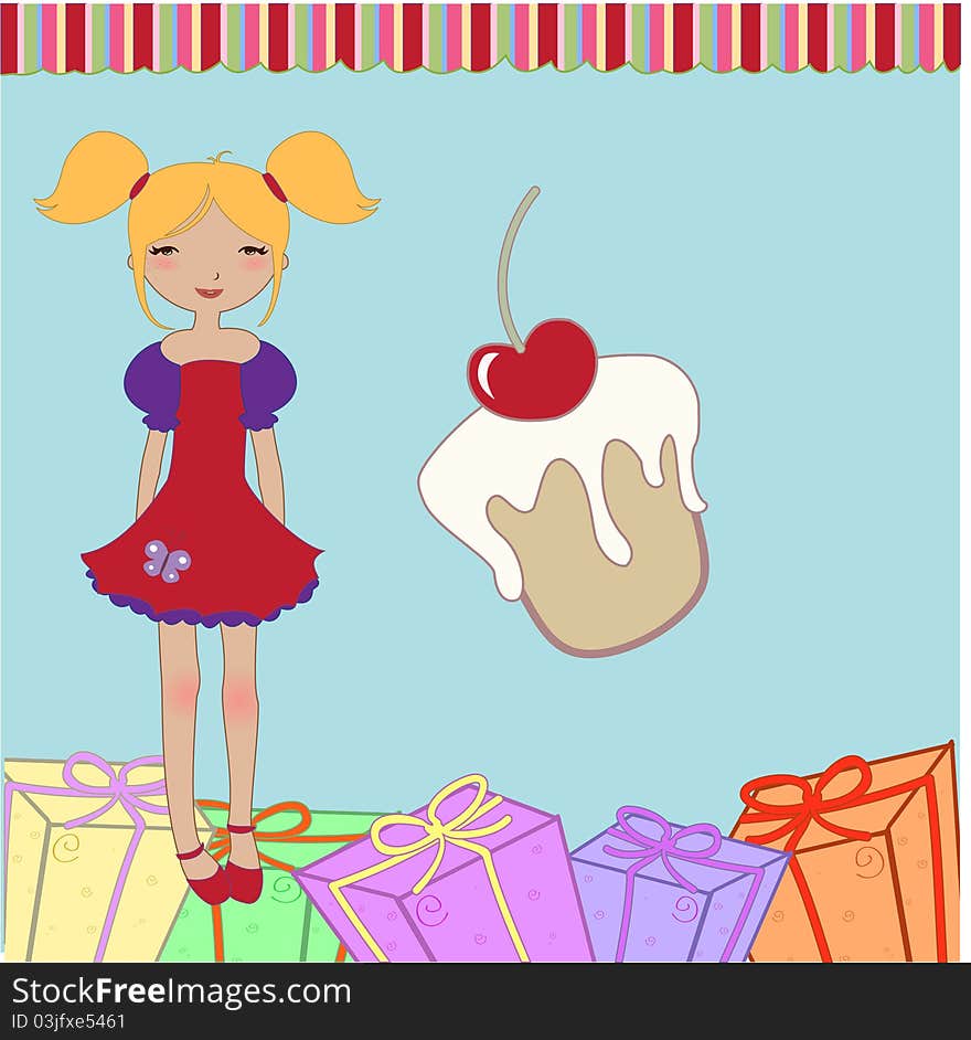 Vector Illustration of funny little girl with present boxes and sweet cake.