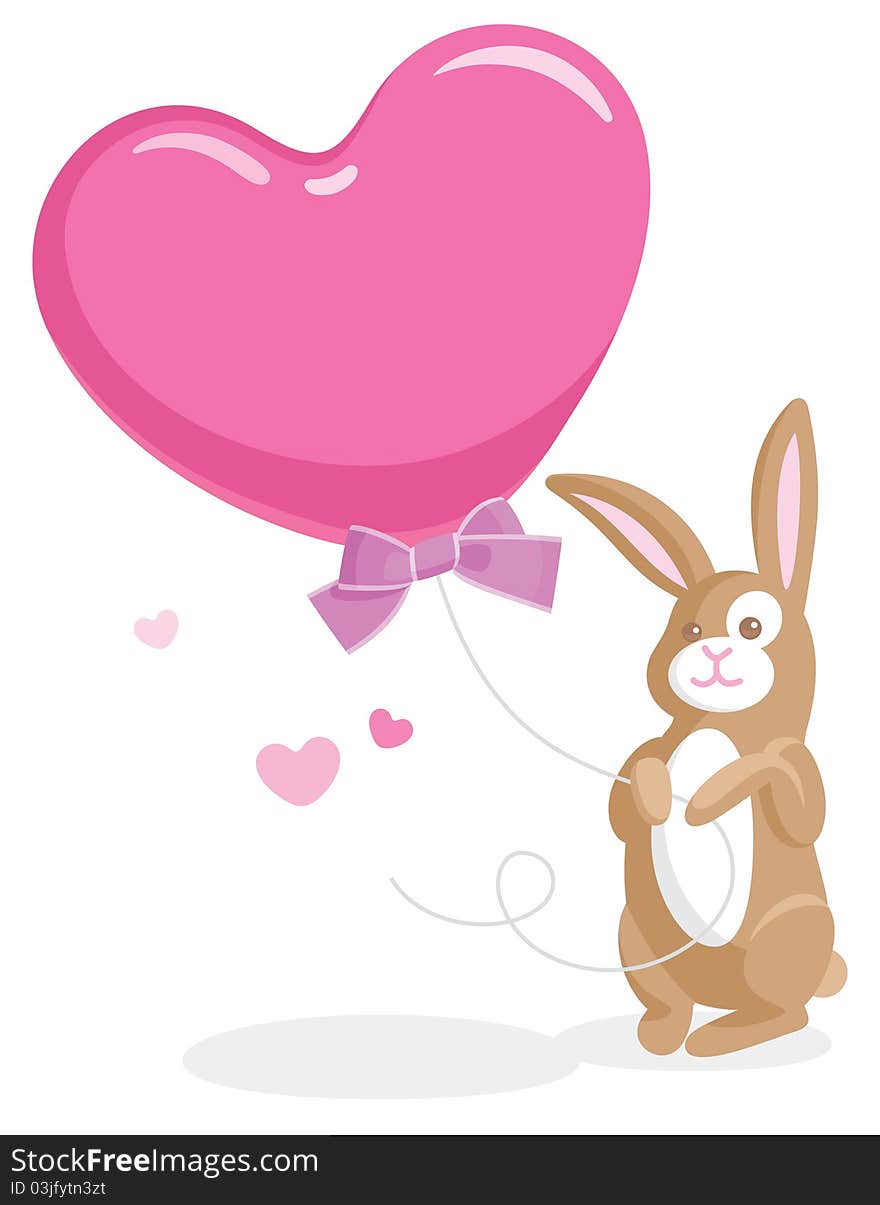 Greeting card with cute bunny holding a big heart-shaped balloon. Greeting card with cute bunny holding a big heart-shaped balloon