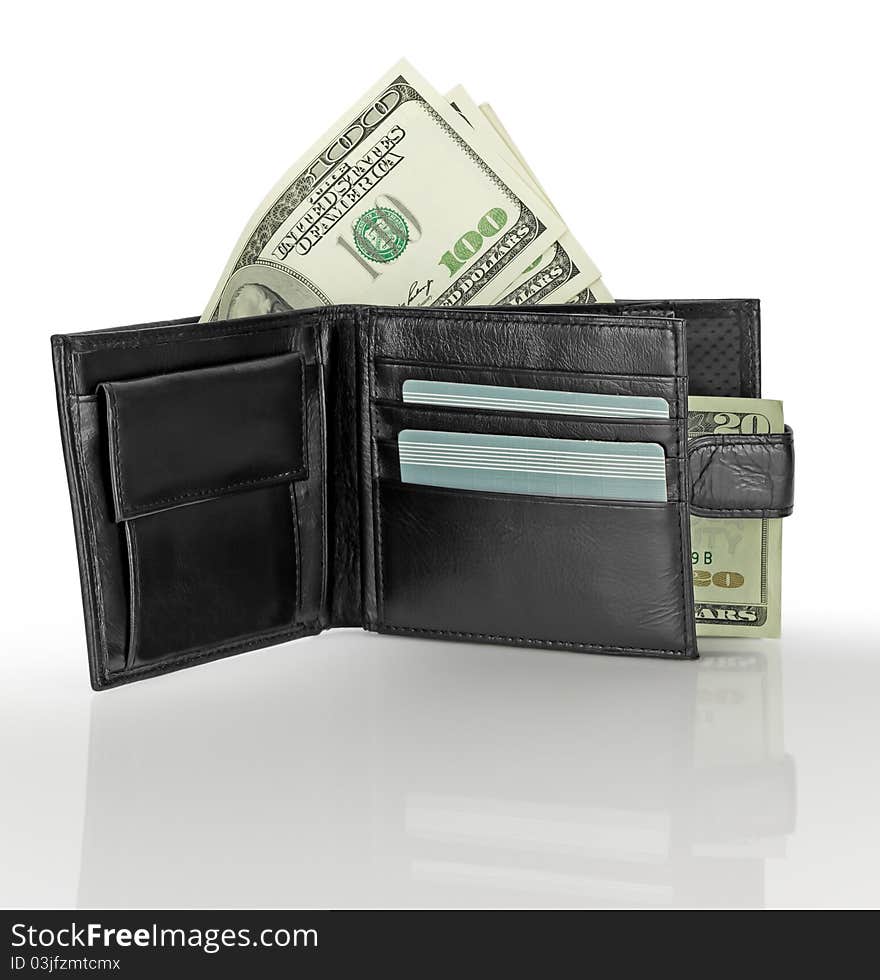 Black leather wallet with money