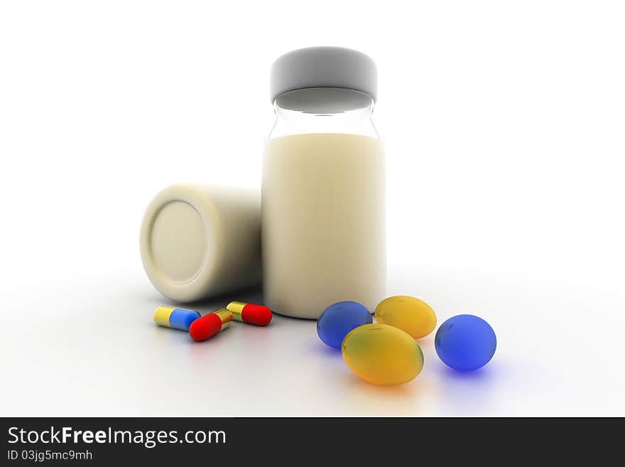 Digital illustration of medicine bottles and pills