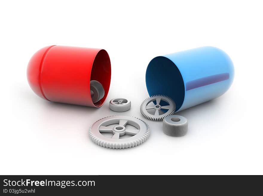 3d Opened pill with gears inside.