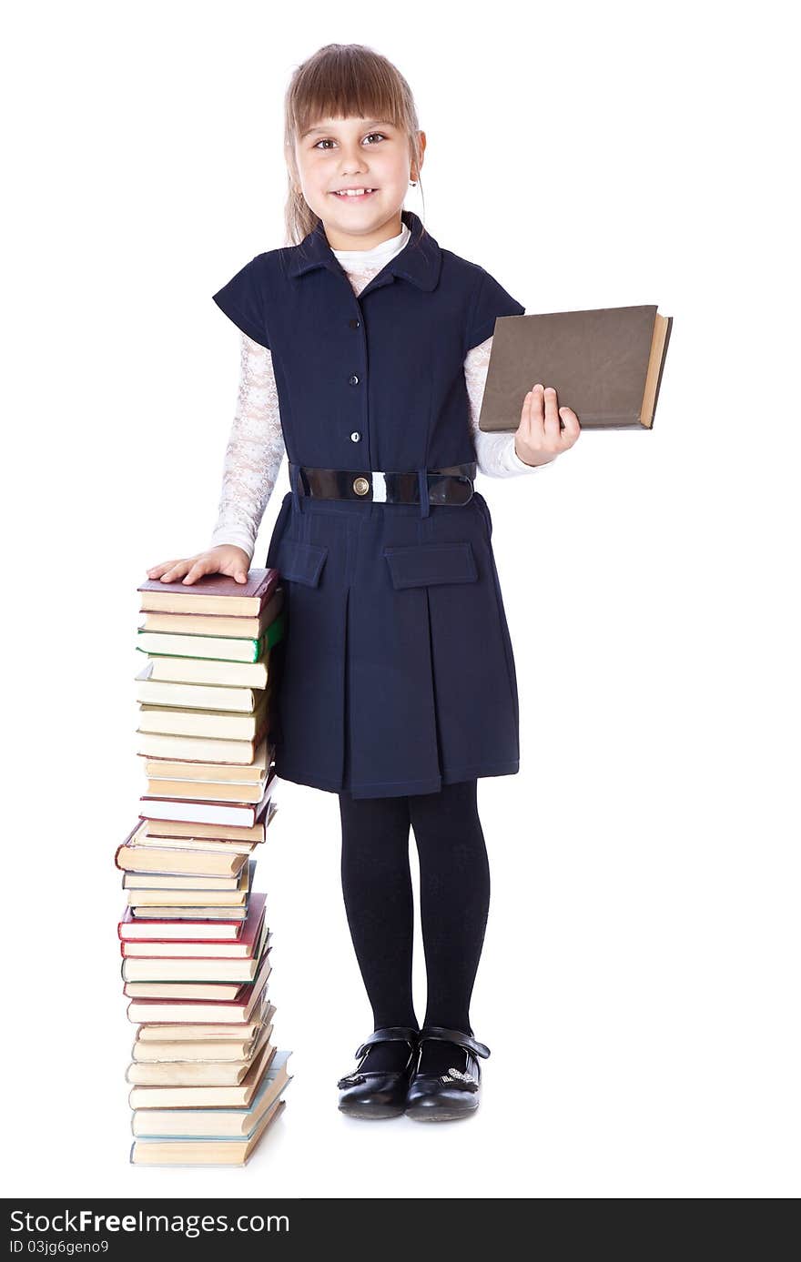 Schoolgirl with books. Isolated on white background. Schoolgirl with books. Isolated on white background