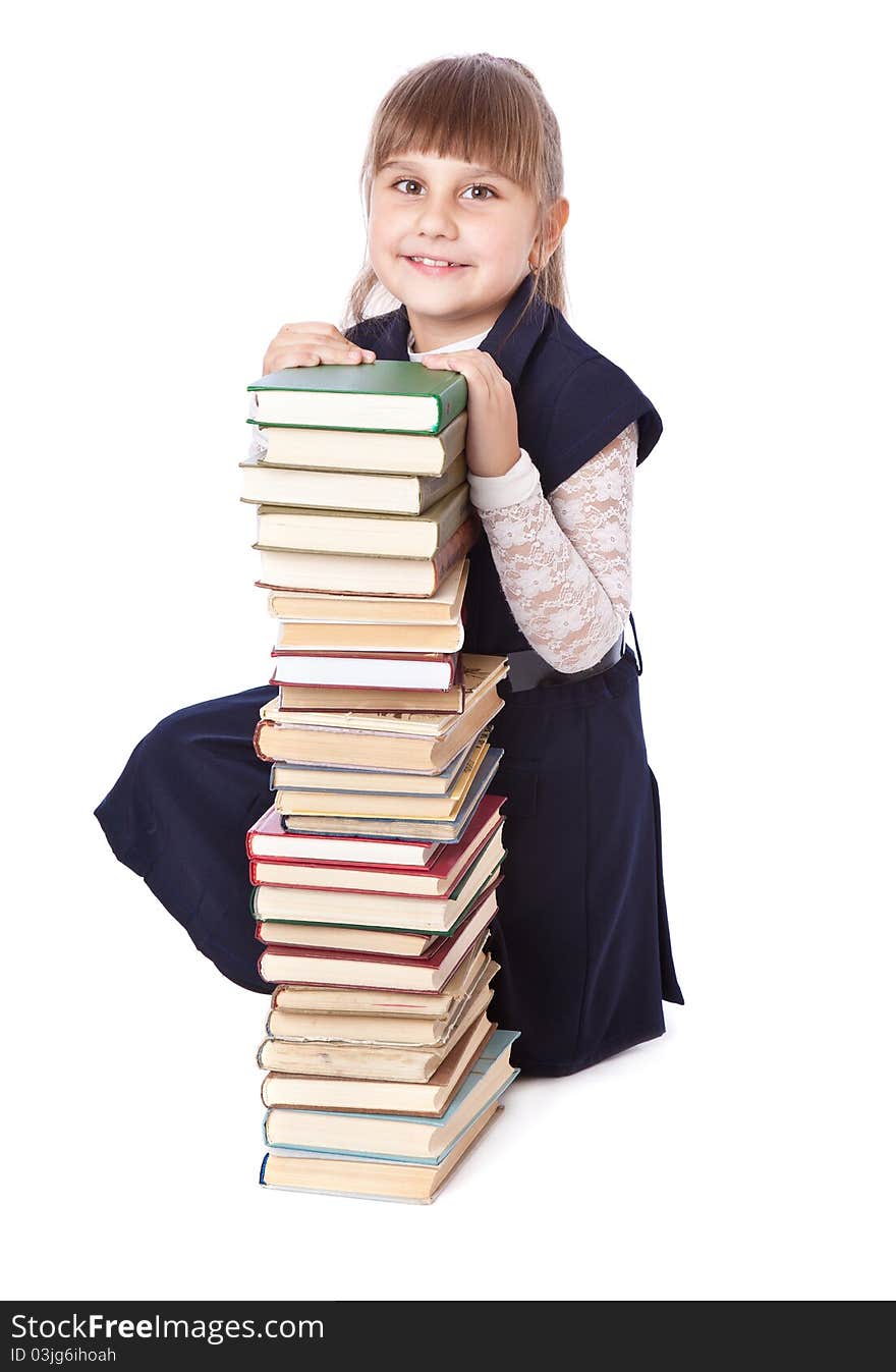 Schoolgirl with books. Isolated on white background. Schoolgirl with books. Isolated on white background