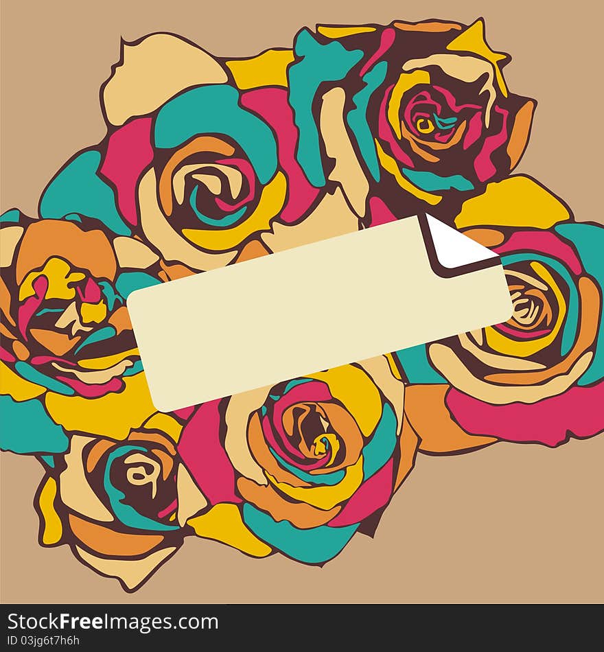 Vector postcard with retro flowers on brown background. Vector illustration