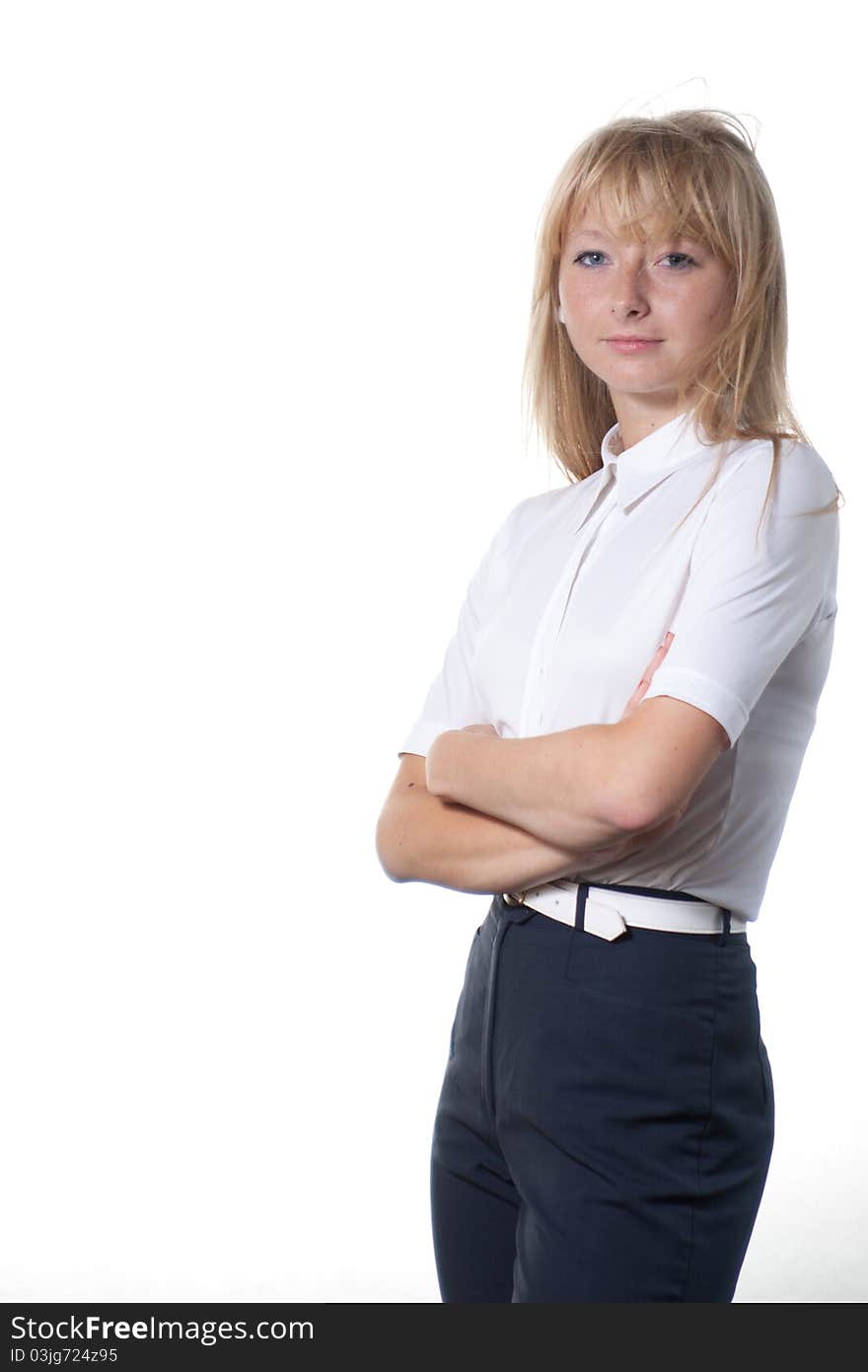 Blond in white shirt on white seamless background, smart casual outfit. Blond in white shirt on white seamless background, smart casual outfit