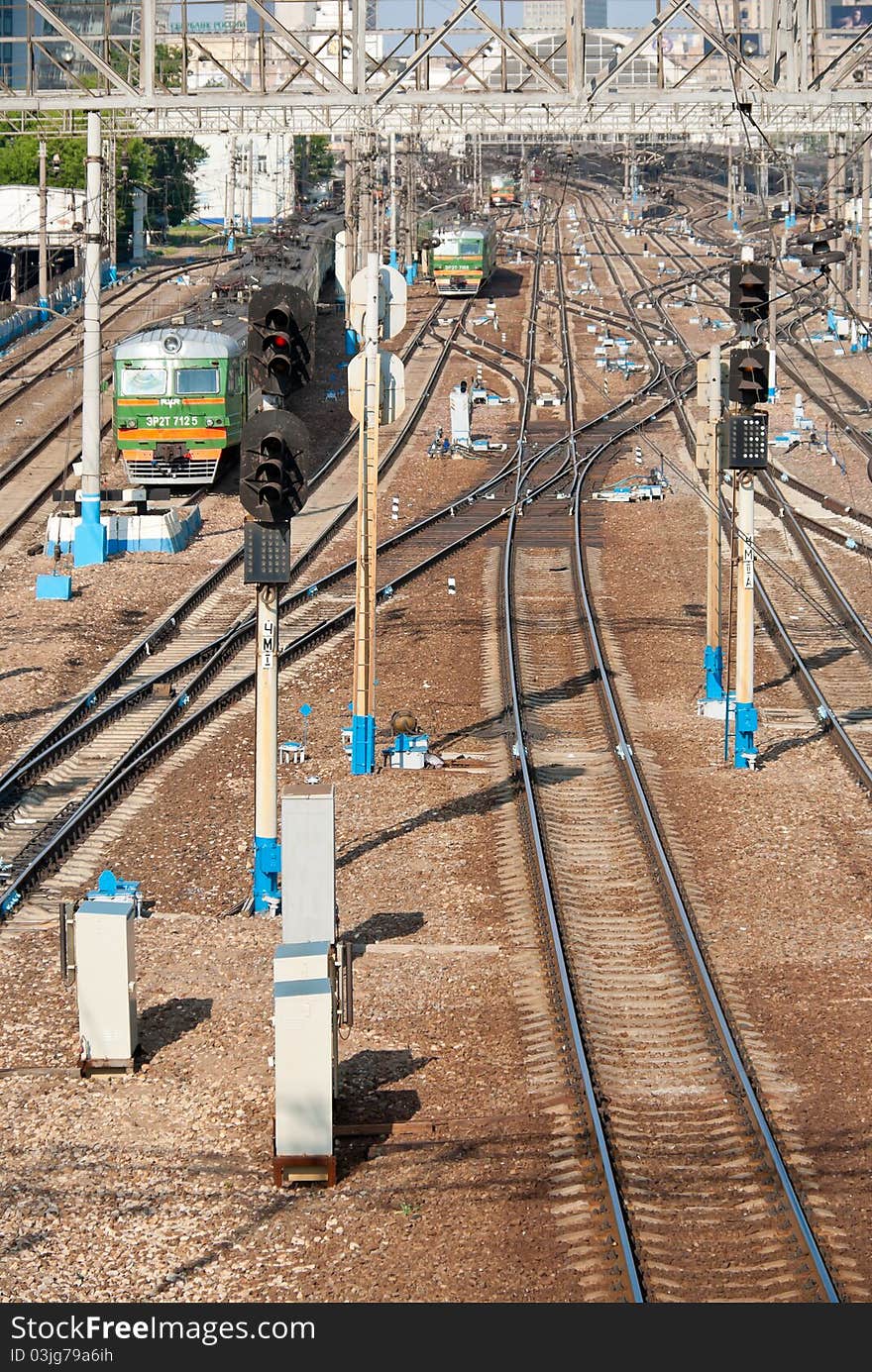 Semaphores and electric trains in the railway station territory