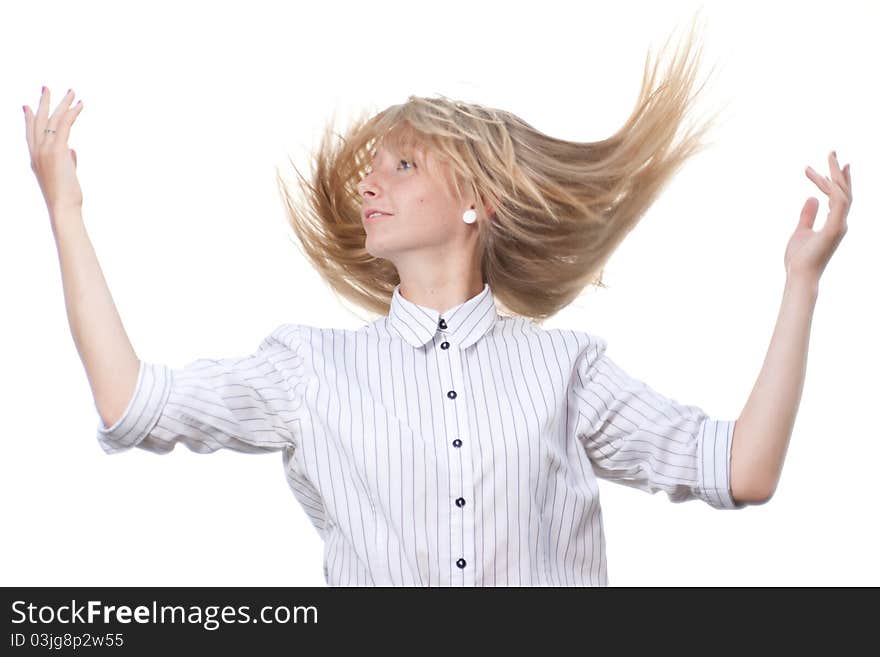 Golden hair young woman on white background with flying hair. Golden hair young woman on white background with flying hair