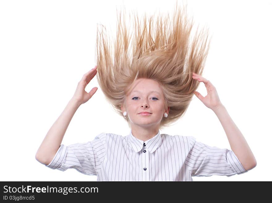 Golden hair young woman on white background with flying hair. Golden hair young woman on white background with flying hair