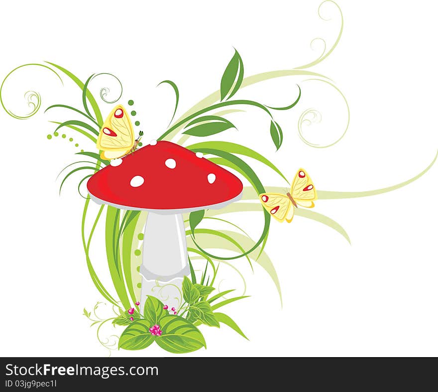 Fly Agaric Mushroom And Butterflies