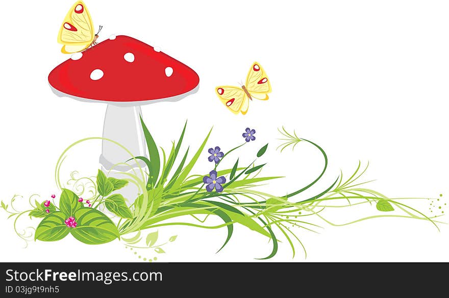 Fly agaric mushroom, flowers and butterflies. Illustration