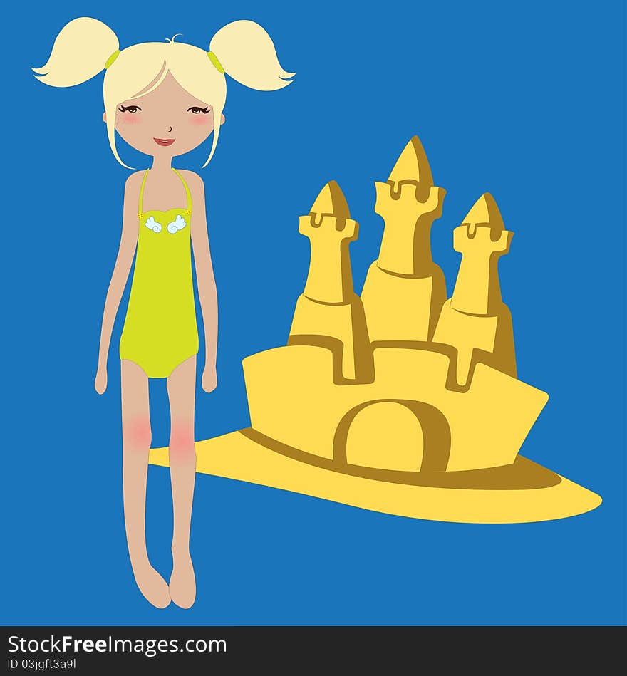 Vector Illustration of funny summer background with the little girl and the sandcastle.