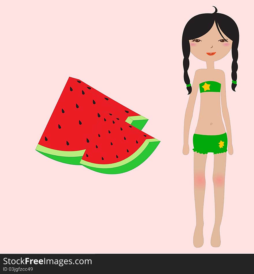 Vector Illustration of funny summer background  with the little girl and water melon.