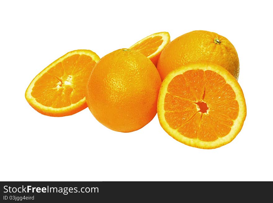 Ripe orange fruits isolated - whole and sliced - full of vitamins. Ripe orange fruits isolated - whole and sliced - full of vitamins