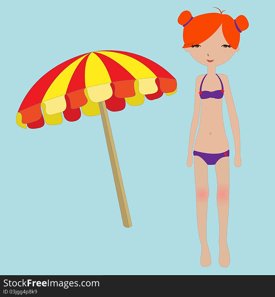 Vector Illustration of funny summer background  with the little girl and parasol