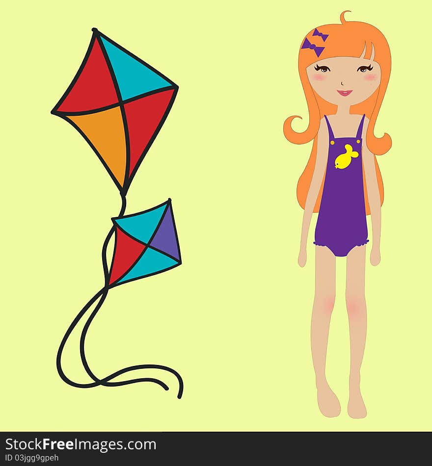 Vector Illustration of funny summer background with the little girl and kite