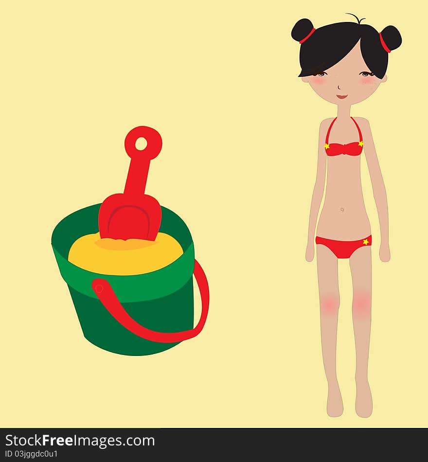 Vector Illustration of funny summer background with the little girl and sand toys