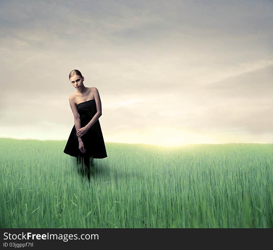 Beautiful elegant woman on a green meadow. Beautiful elegant woman on a green meadow