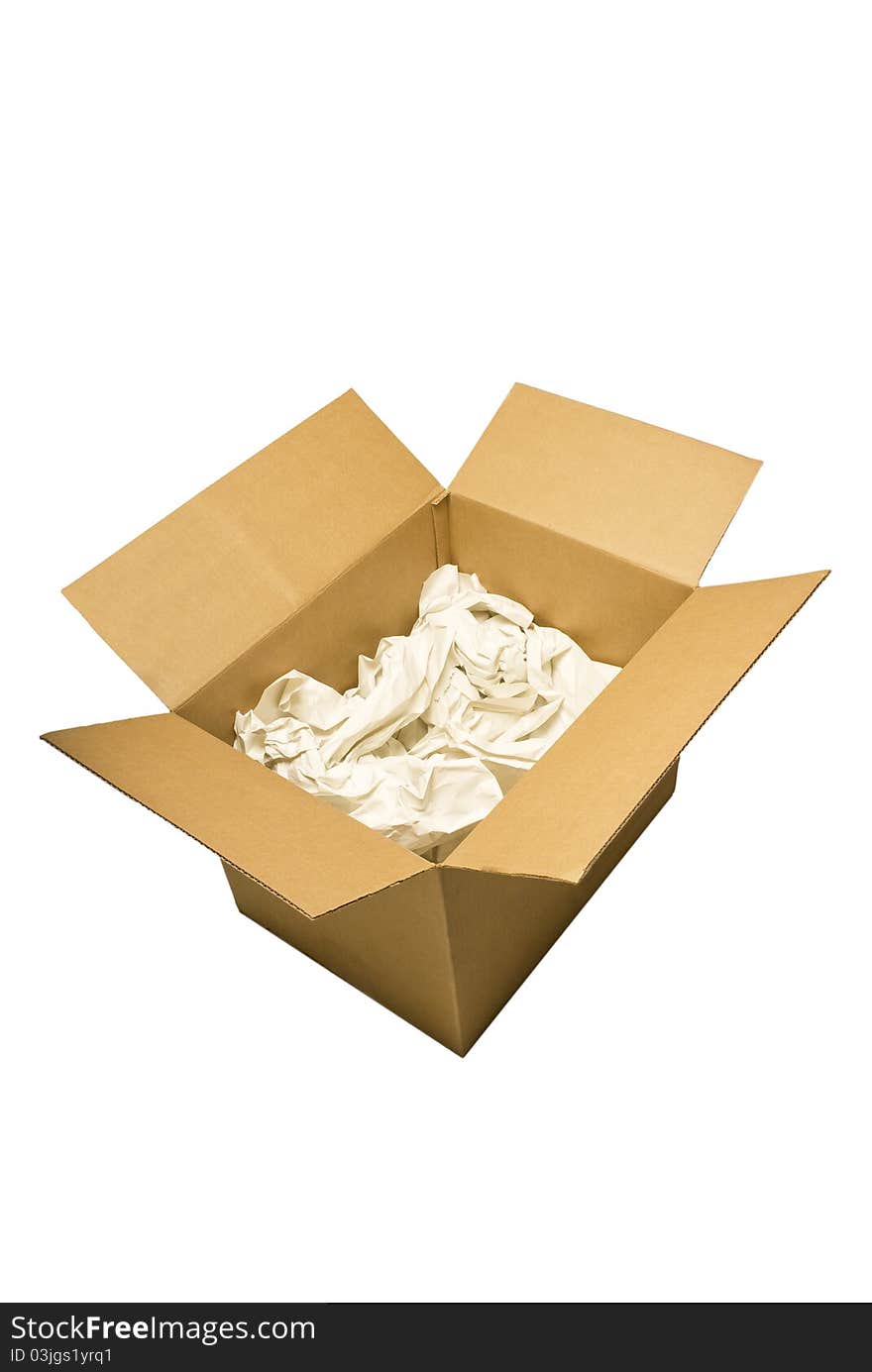 Nice big cardboard box with packing paper opened up ready for someone to start packing stuff and getting ready to move or ship. Isolated on white.