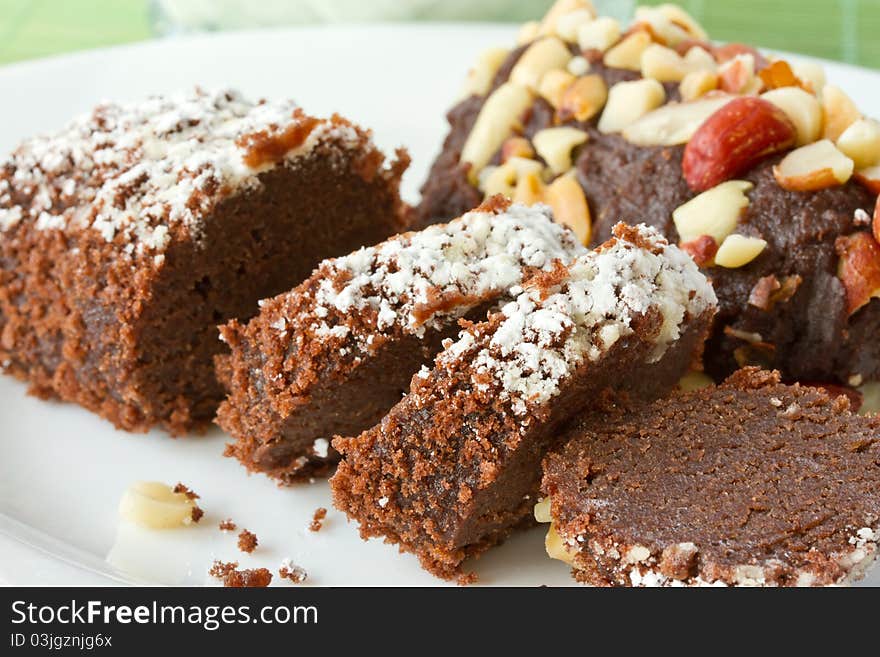 Sweet delicious chocolate cake with nuts