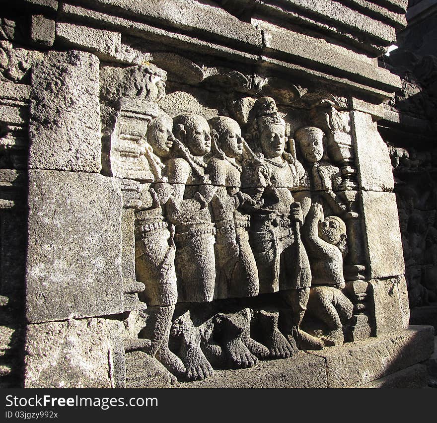 Photo of carvings on the huge Borobudur temple in Indonesia.