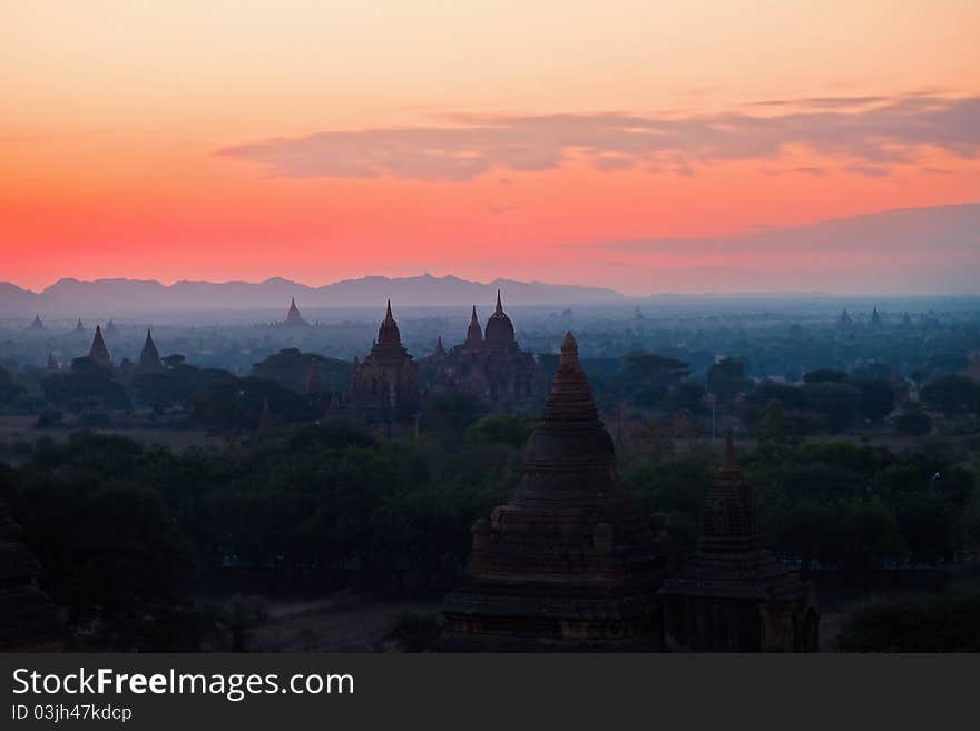 Sunrise over the valley of temples in Bagan, Myanmar