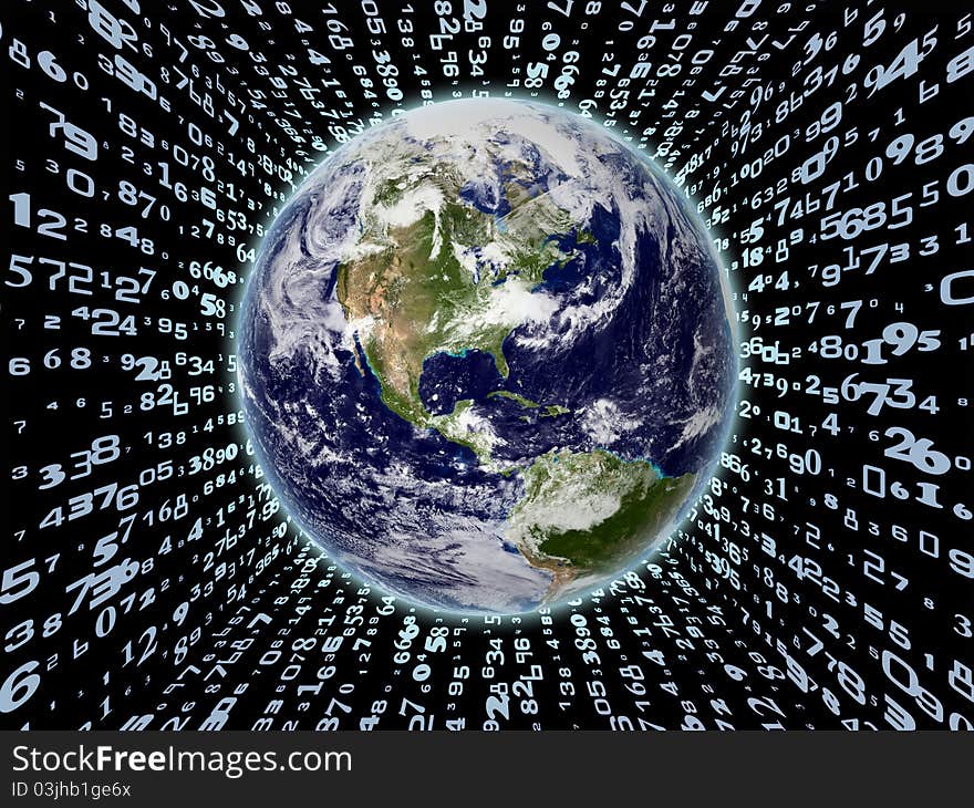 Interplay of Earth globe and numbers on the subject of modern technologies, digital communication and computing. Earth map imagery is a courtesy of Visible Earth (. Interplay of Earth globe and numbers on the subject of modern technologies, digital communication and computing. Earth map imagery is a courtesy of Visible Earth (