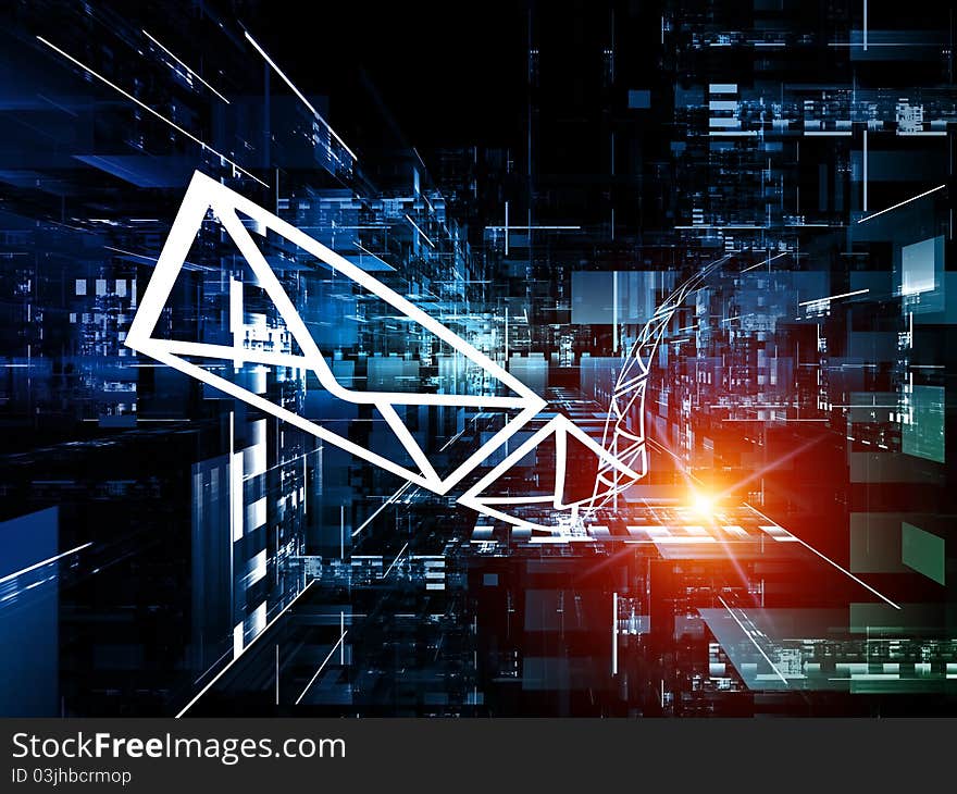 Interplay of three dimensional structures mail symbols on the subject of modern communications, internet and computers. Interplay of three dimensional structures mail symbols on the subject of modern communications, internet and computers