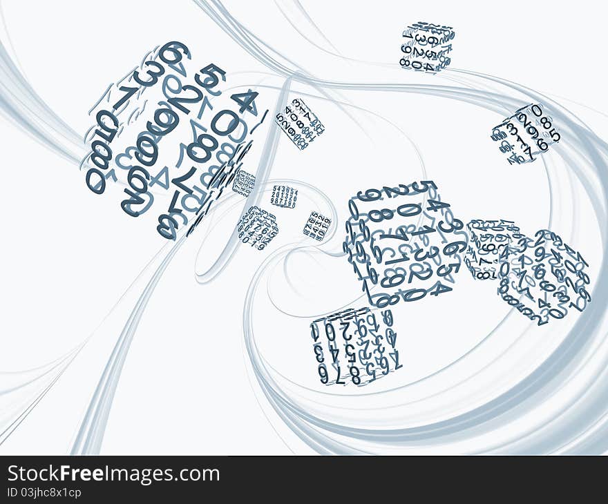 Interplay of three dimensional swirls and number cubes on the subject of modern technologies, motion and progress. Interplay of three dimensional swirls and number cubes on the subject of modern technologies, motion and progress