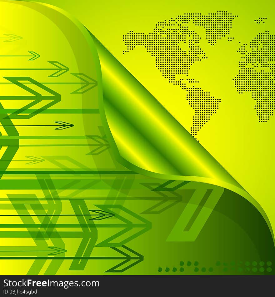 Green-yellow abstract arrows and world map background