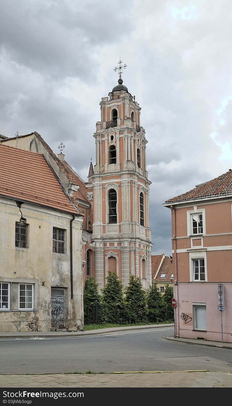 All Saints Church is a Baroque style church in Vilnius, Lithuania. Summer cloudy day.