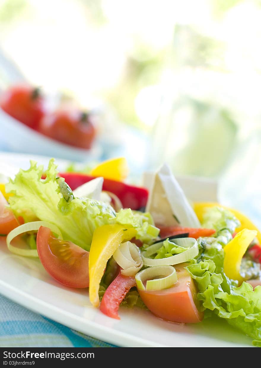 Gresh vegetable salad with cheese. Shallow depth, selective focus