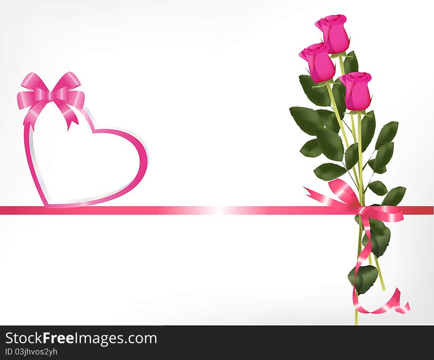 Bouquet of pink roses and heart, valentine