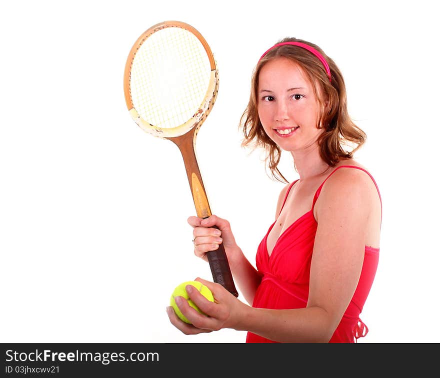 Adorable sporty woman in beautiful red dress is playing in tennis. Isolated on white background. Adorable sporty woman in beautiful red dress is playing in tennis. Isolated on white background.