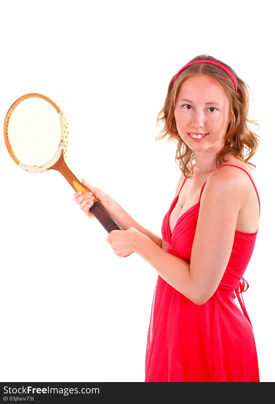 Adorable sporty woman in beautiful red dress is playing in tennis. Isolated on white background. Adorable sporty woman in beautiful red dress is playing in tennis. Isolated on white background.