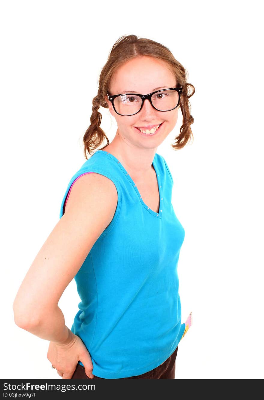 Beautiful athletic woman in sporty blue t-shirt with a funny eyeglasses is isolated on white background. Beautiful athletic woman in sporty blue t-shirt with a funny eyeglasses is isolated on white background.