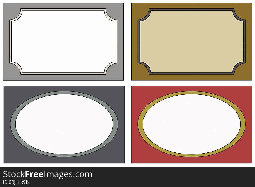 Four hand drawn, colorful labels, for displays, bottles, cans, boxes. Four hand drawn, colorful labels, for displays, bottles, cans, boxes.