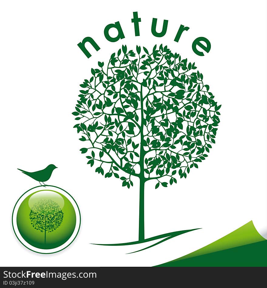 Green Tree Icon with button and bird, editable vector illustration - EPS8. Green Tree Icon with button and bird, editable vector illustration - EPS8