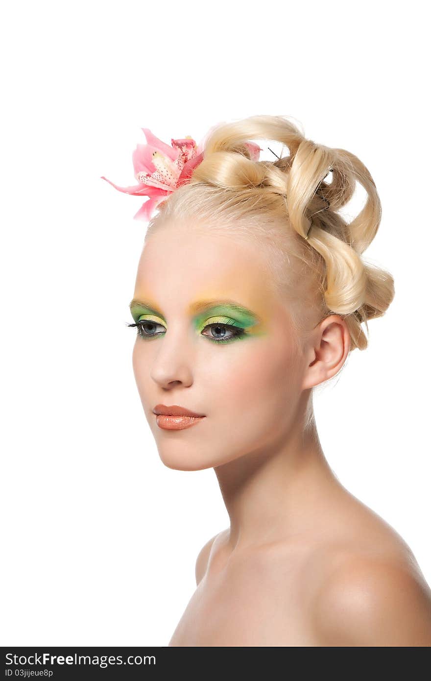 Attractive young beautiful natural model woman with orchid flower on head with hairstyle and eye makeup isolated over white background. Spring, summer girl, concept of healthy lifestyle metaphor. Attractive young beautiful natural model woman with orchid flower on head with hairstyle and eye makeup isolated over white background. Spring, summer girl, concept of healthy lifestyle metaphor