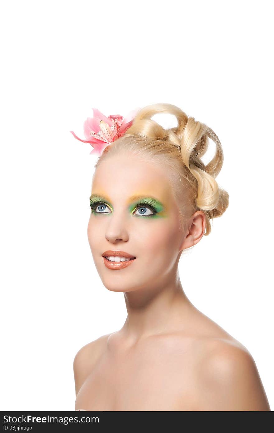 Attractive young beautiful natural model woman with orchid flower on head with hairstyle and eye makeup isolated over white background. Spring, summer girl, concept of healthy lifestyle metaphor. Attractive young beautiful natural model woman with orchid flower on head with hairstyle and eye makeup isolated over white background. Spring, summer girl, concept of healthy lifestyle metaphor