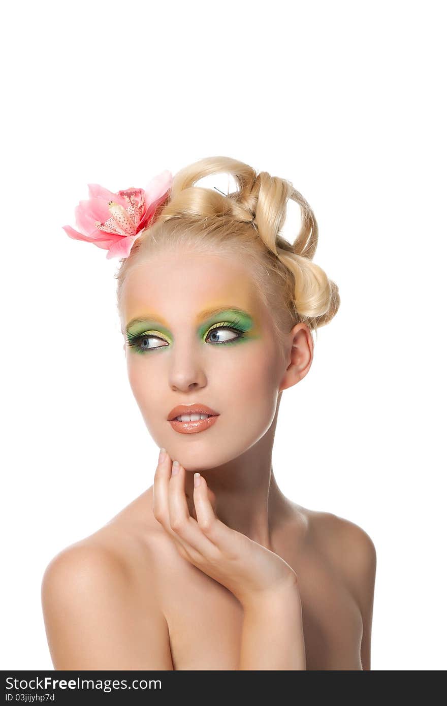 Attractive young beautiful natural model woman with orchid flower on head with hairstyle and eye makeup isolated over white background. Spring, summer girl, concept of healthy lifestyle metaphor. Attractive young beautiful natural model woman with orchid flower on head with hairstyle and eye makeup isolated over white background. Spring, summer girl, concept of healthy lifestyle metaphor