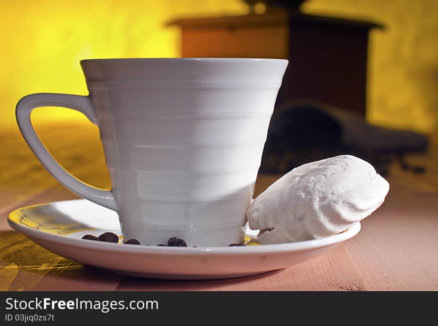 Coffee, coffee beans and on the table. Coffee, coffee beans and on the table