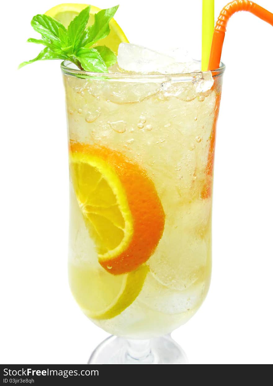 Yellow Lemonade Drink With Lemon And Orange Fruit